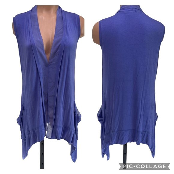 LOGO Lori Goldstein Long Chiffon Trim Cardigan Top XS Purple Oversized Stretch - Picture 2 of 8